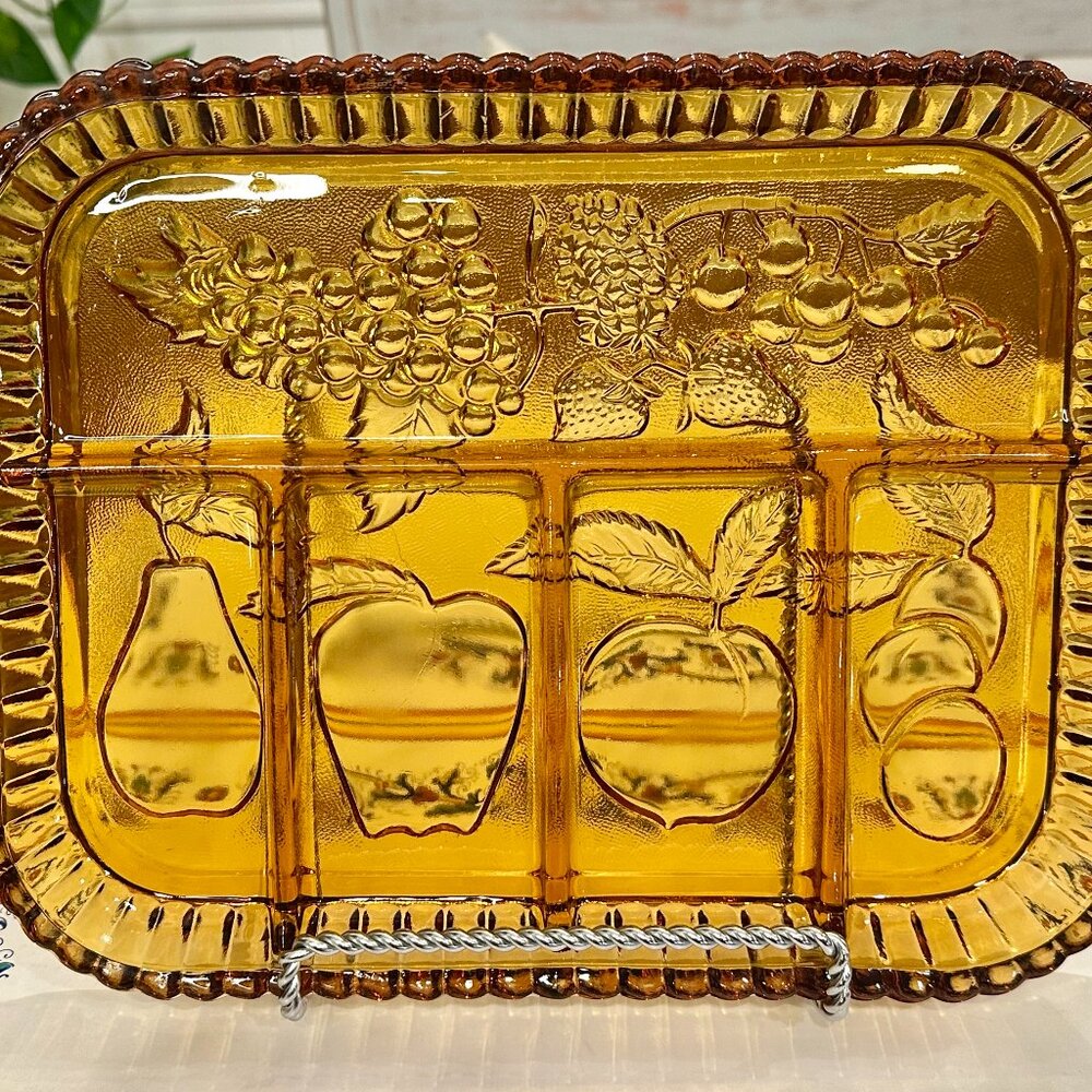 BEAUTIFUL vintage Indian Glass "Fruits" amber glass 5-part divided tray